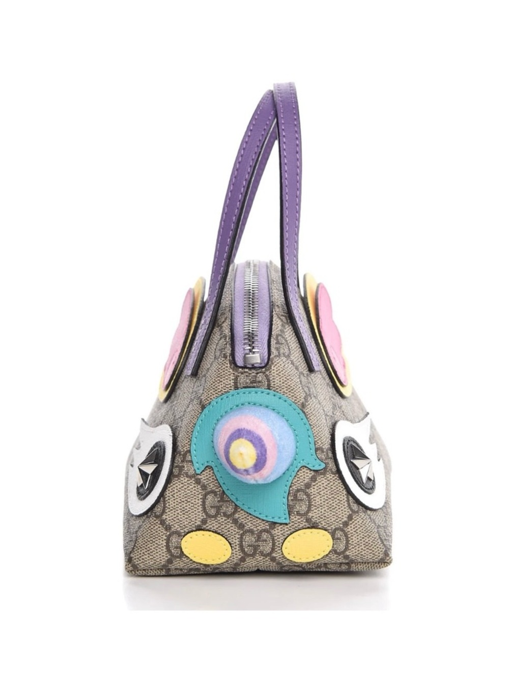 Gucci Beige GG Supreme Mini Dome Satchel with Purple Trim and Colorful Appliqués - Picture 8 of 9